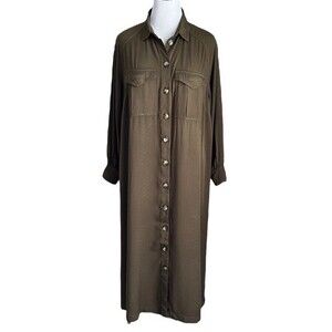 H&M Green Button Down Military Style Maxi Dress Front Pockets size 16